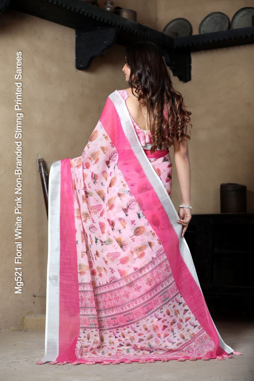 Mg521 Floral White Pink Non-Branded Stmng Printed Sarees