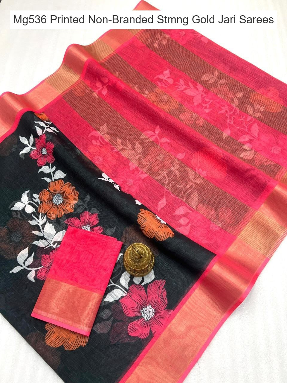 Mg536 Printed Non-Branded Stmng Gold Jari Sarees