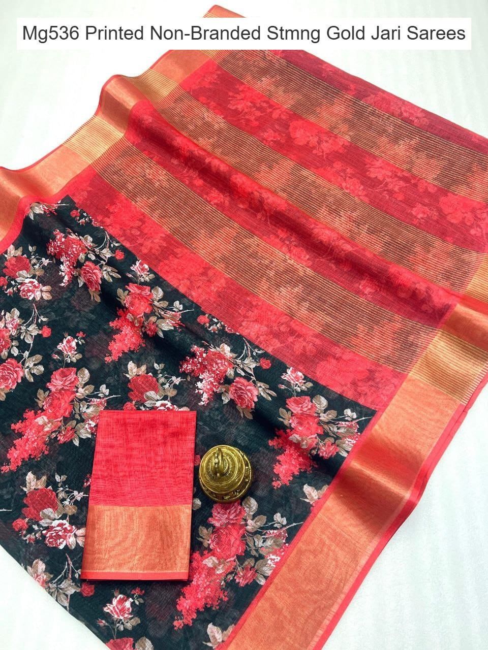 Mg536 Printed Non-Branded Stmng Gold Jari Sarees