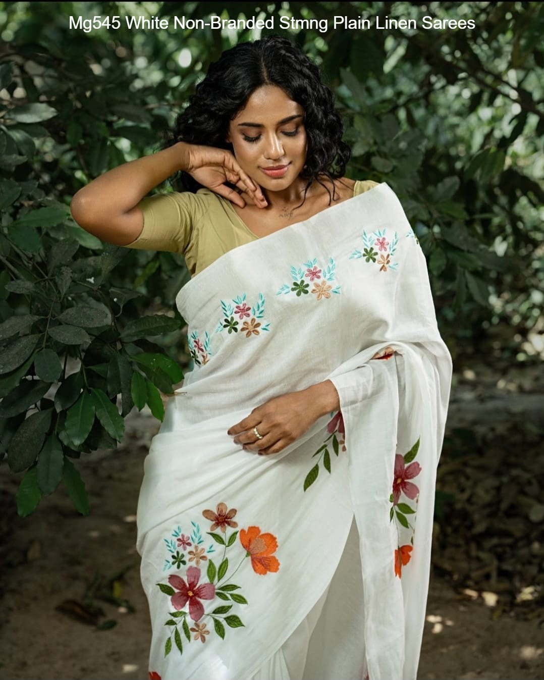Mg545 White Non-Branded Stmng Plain Linen Sarees