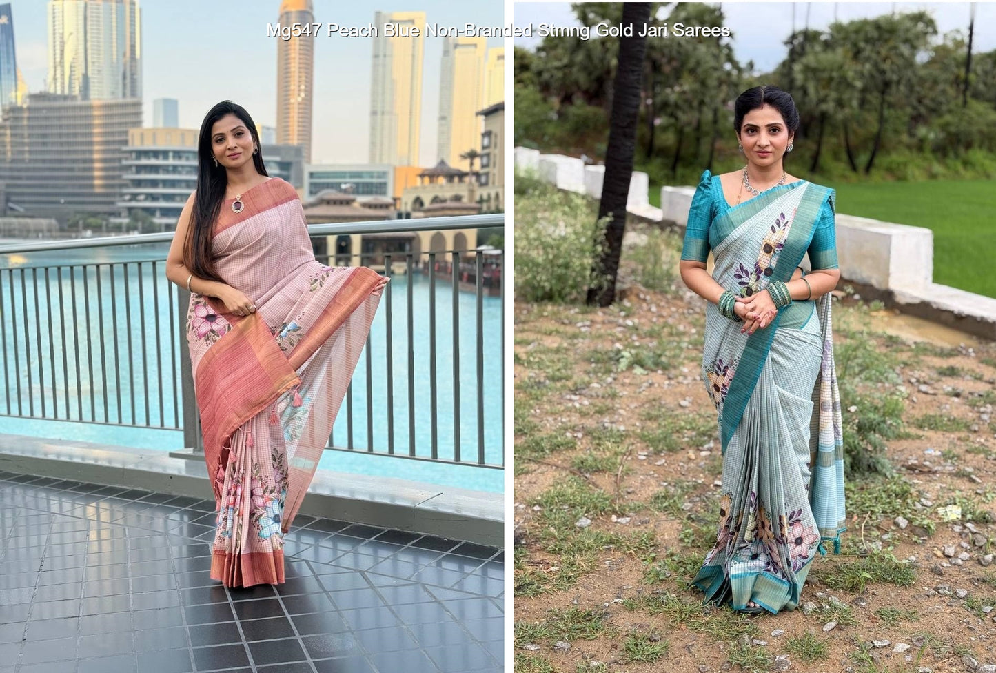 Mg547 Peach Blue Non-Branded Stmng Gold Jari Sarees