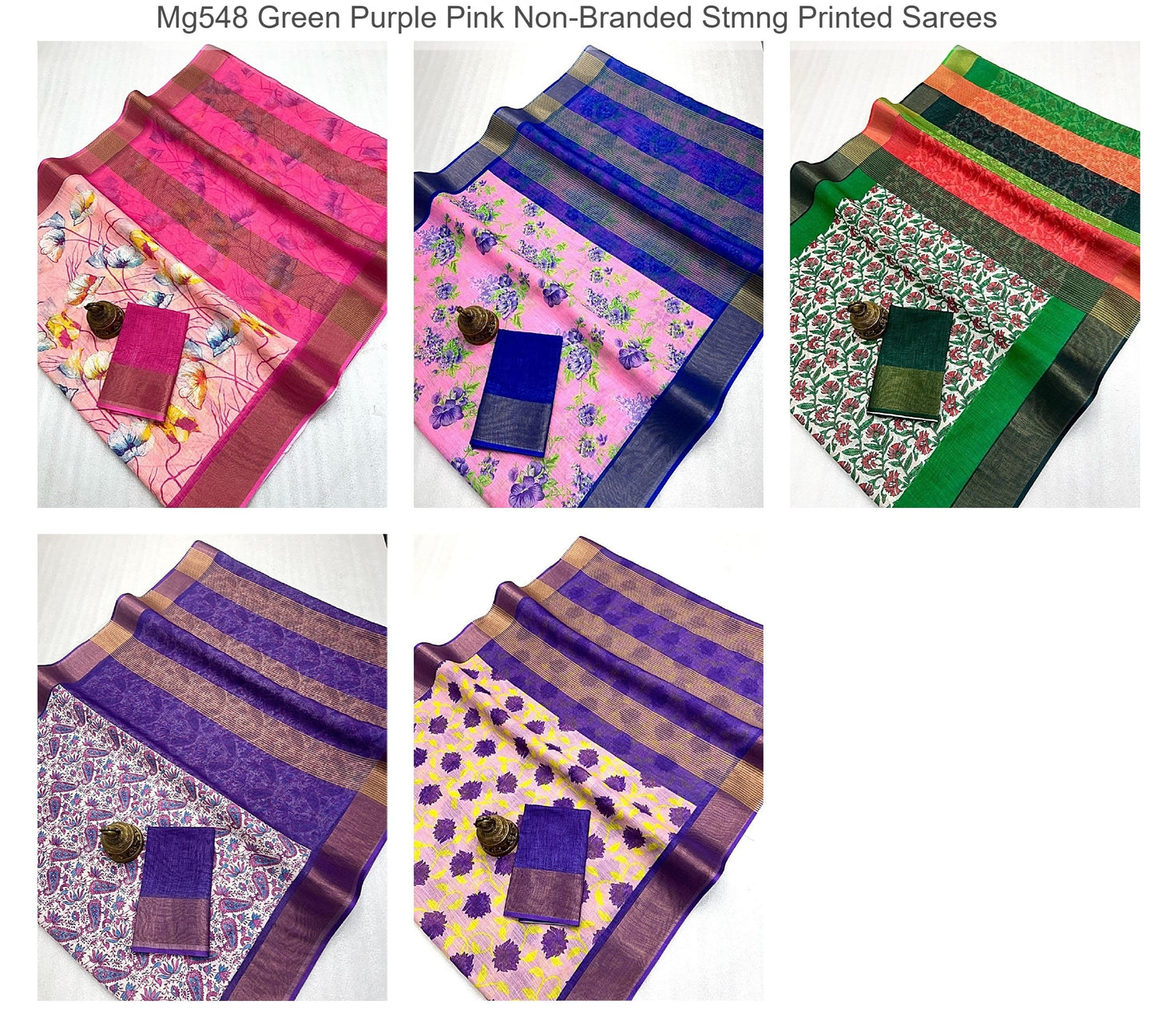 Mg548 Green Purple Pink Non-Branded Stmng Printed Sarees