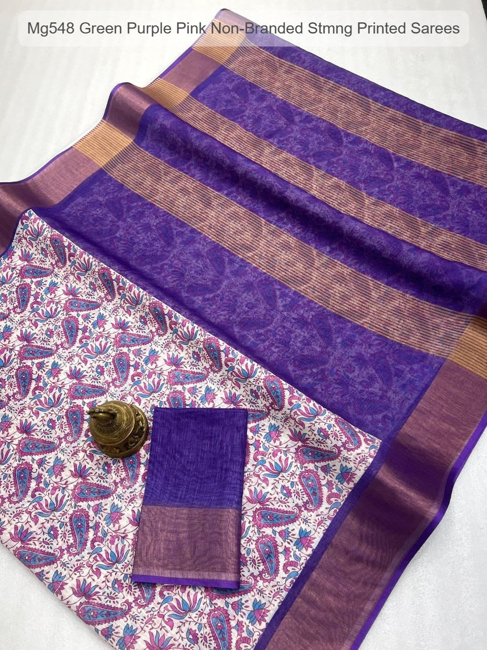 Mg548 Green Purple Pink Non-Branded Stmng Printed Sarees