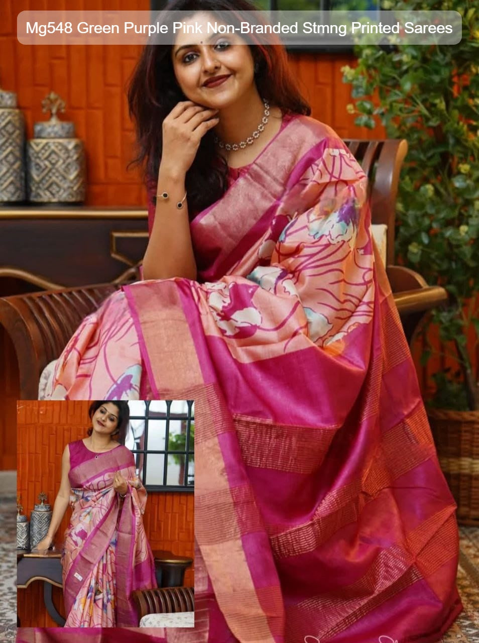 Mg548 Green Purple Pink Non-Branded Stmng Printed Sarees
