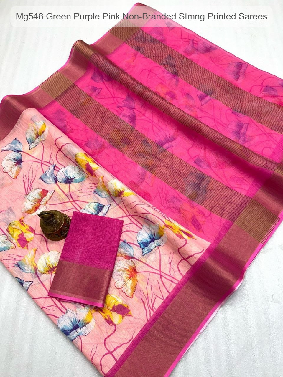 Mg548 Green Purple Pink Non-Branded Stmng Printed Sarees