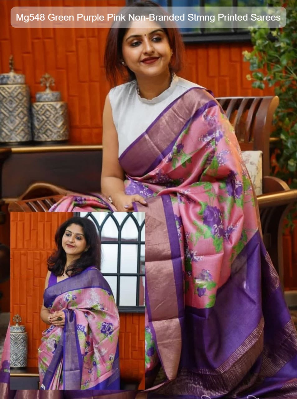Mg548 Green Purple Pink Non-Branded Stmng Printed Sarees