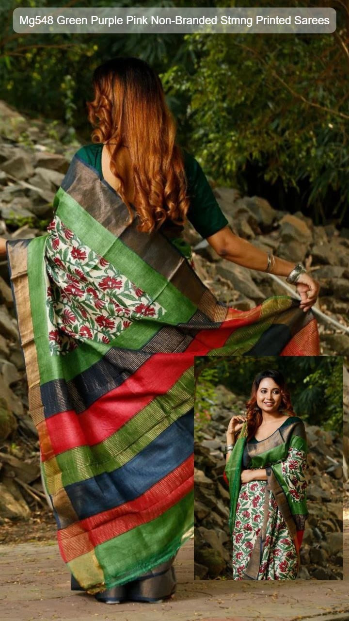 Mg548 Green Purple Pink Non-Branded Stmng Printed Sarees