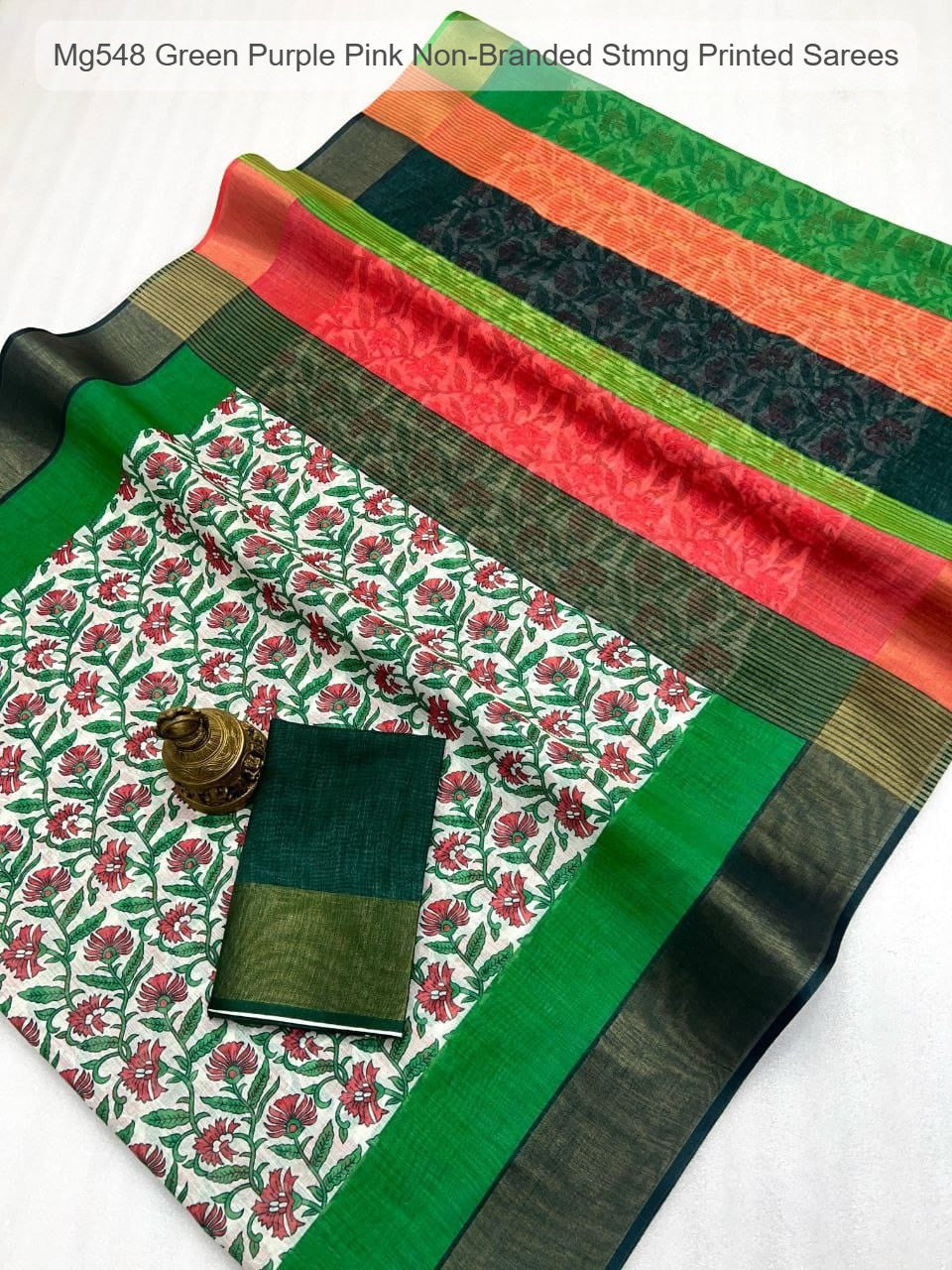 Mg548 Green Purple Pink Non-Branded Stmng Printed Sarees
