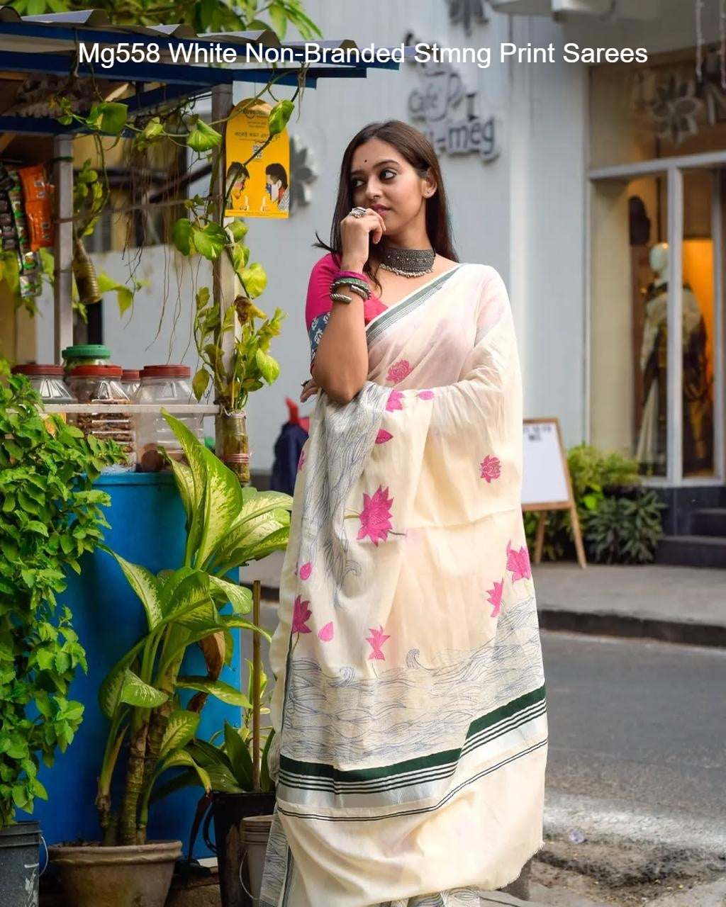 Mg558 White Non-Branded Stmng Print Sarees