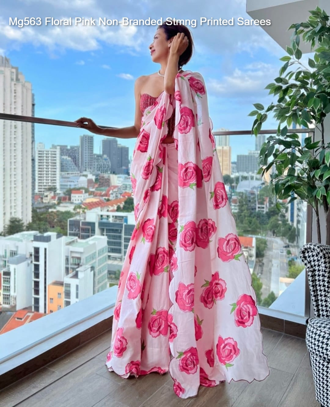 Mg563 Floral Pink Non-Branded Stmng Printed Sarees