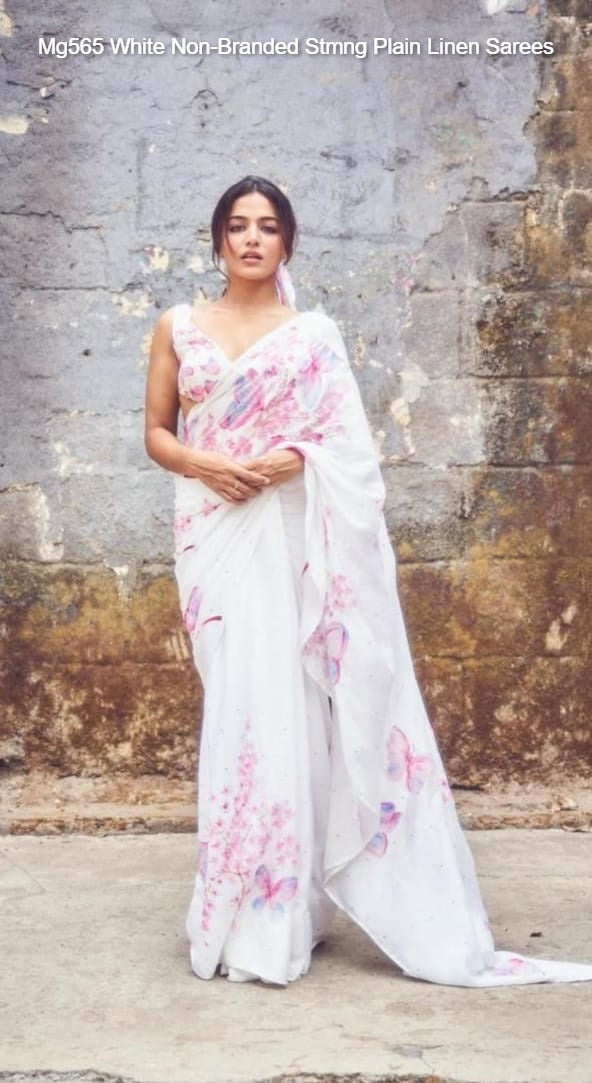 Mg565 White Non-Branded Stmng Plain Linen Sarees