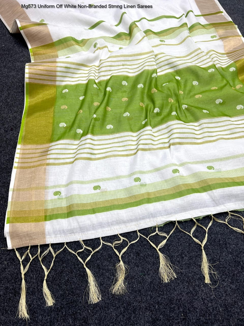 Mg573 Uniform Off White Non-Branded Stmng Linen Sarees