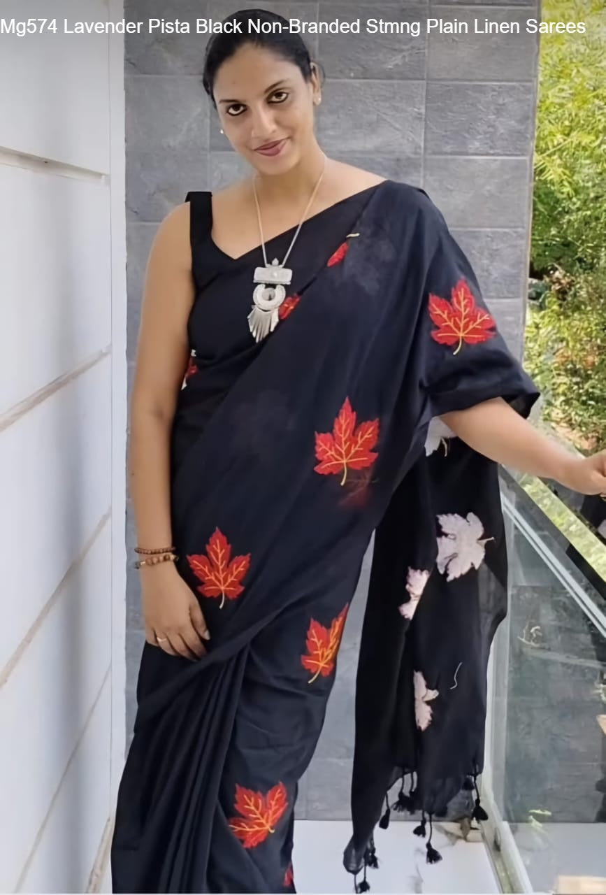 Mg574 Lavender Pista Black Non-Branded Stmng Plain Linen Sarees