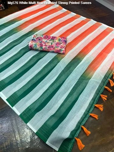 Mg576 White Multi Non-Branded Stmng Printed Sarees