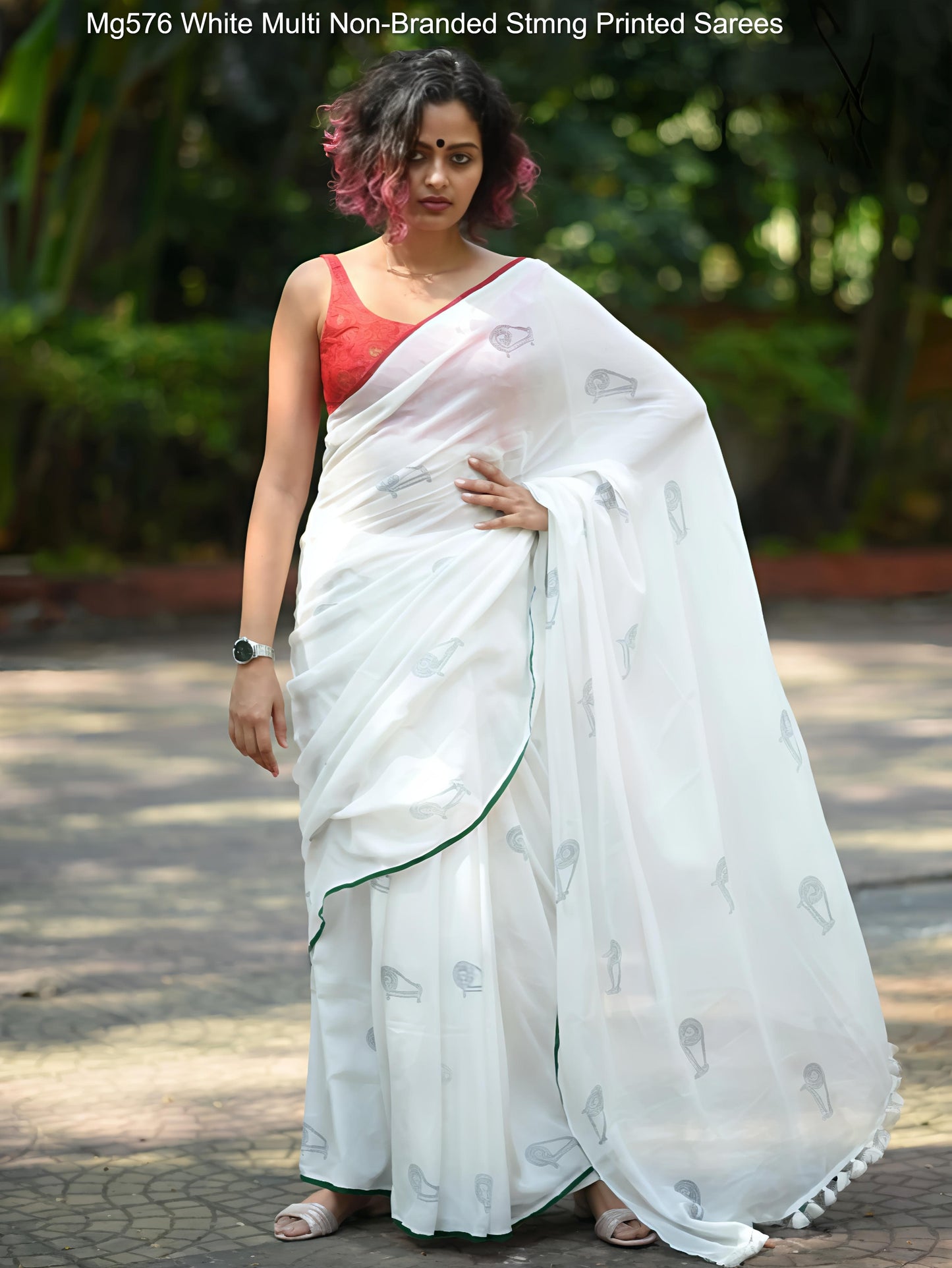 Mg576 White Multi Non-Branded Stmng Printed Sarees