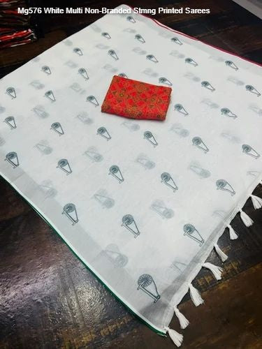Mg576 White Multi Non-Branded Stmng Printed Sarees