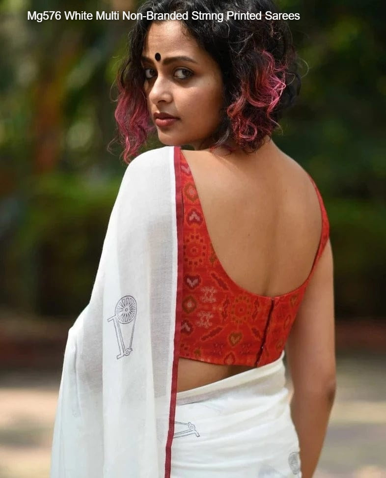 Mg576 White Multi Non-Branded Stmng Printed Sarees