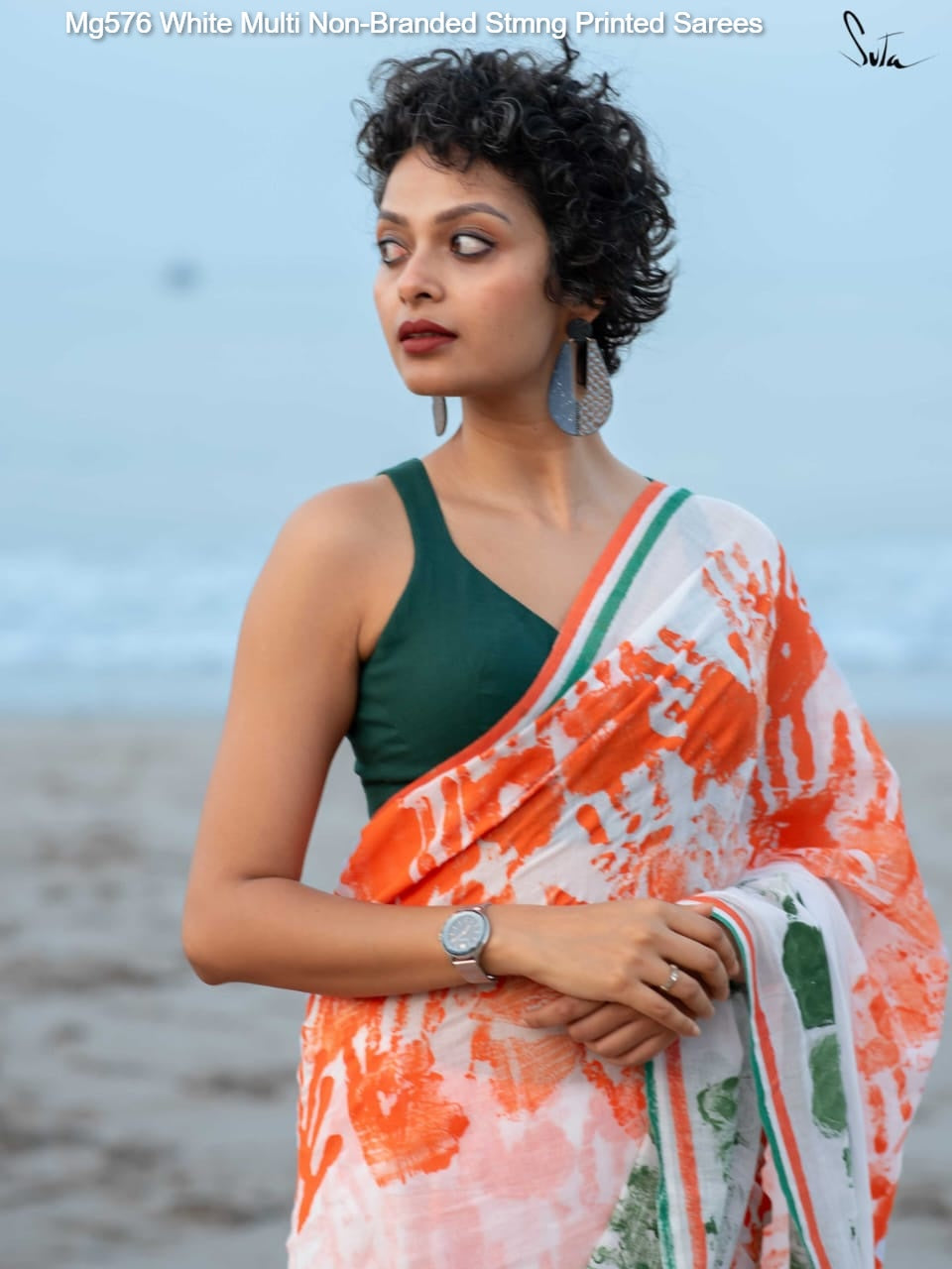 Mg576 White Multi Non-Branded Stmng Printed Sarees