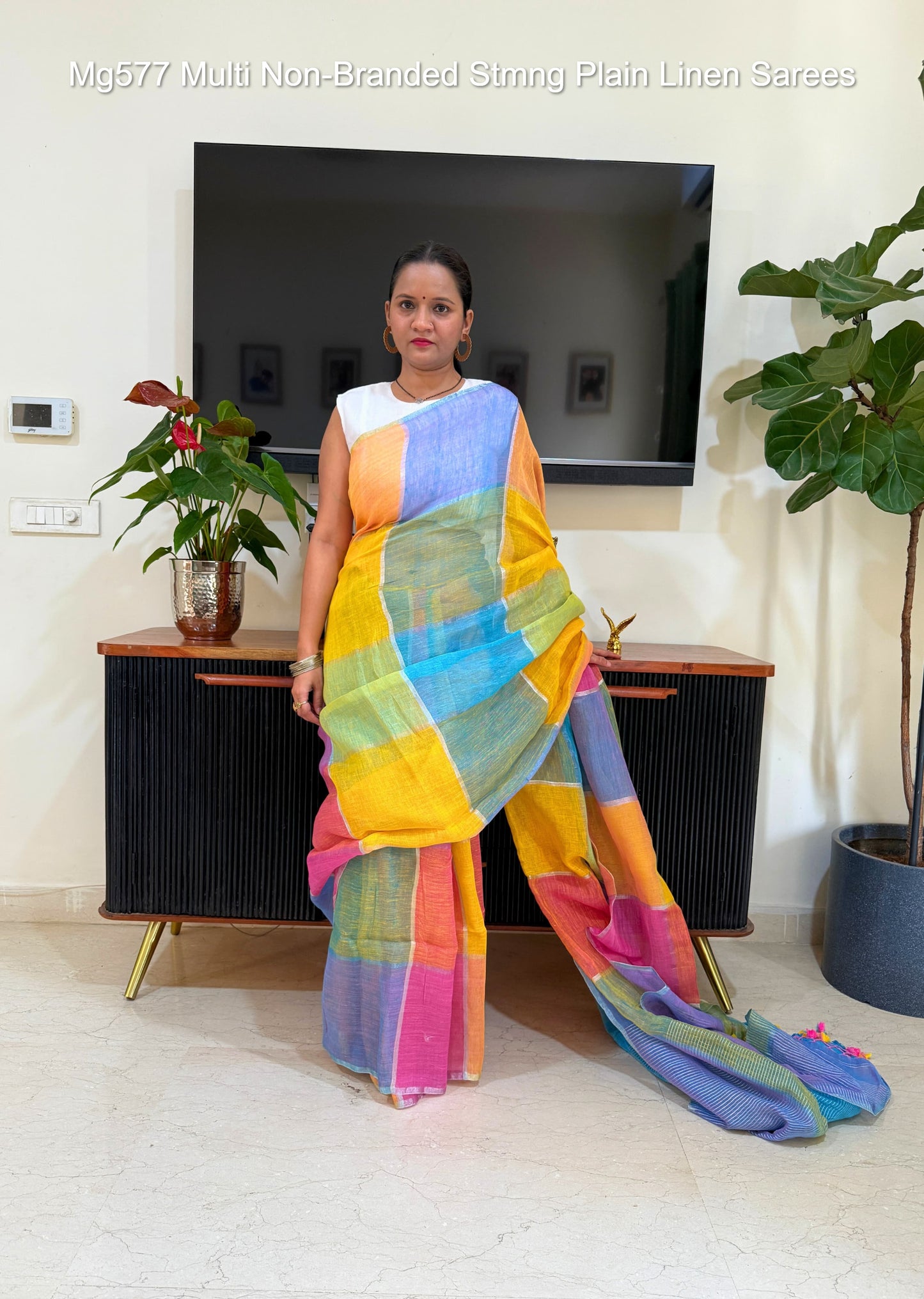Mg577 Multi Non-Branded Stmng Plain Linen Sarees