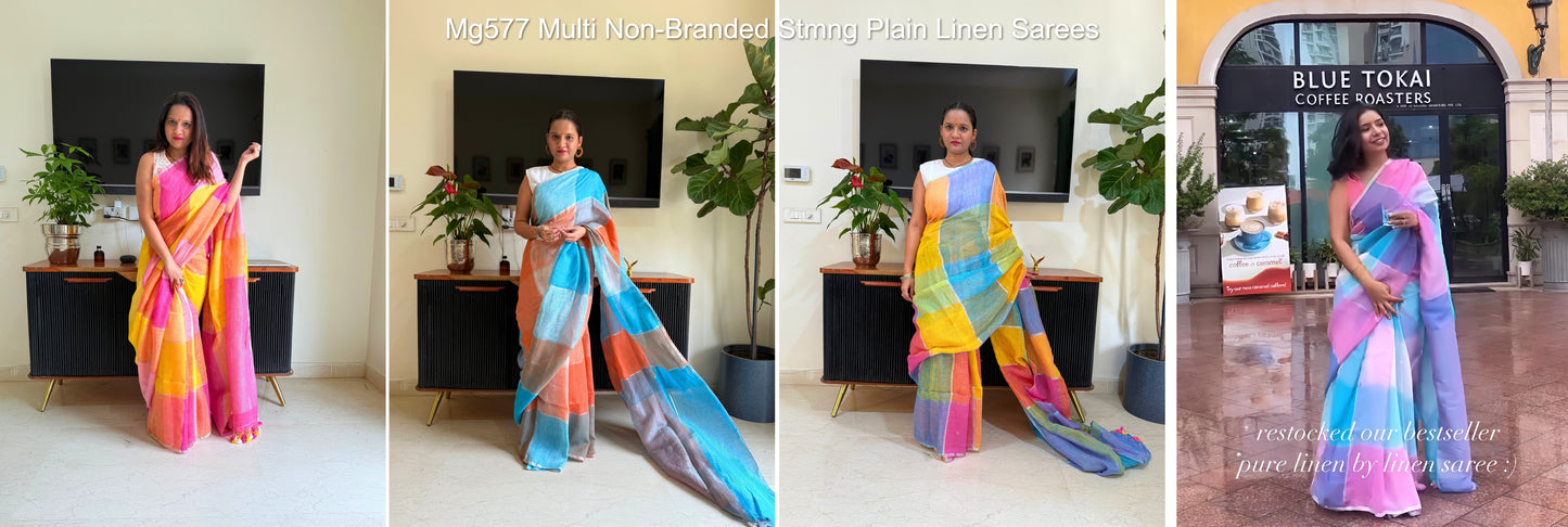 Mg577 Multi Non-Branded Stmng Plain Linen Sarees
