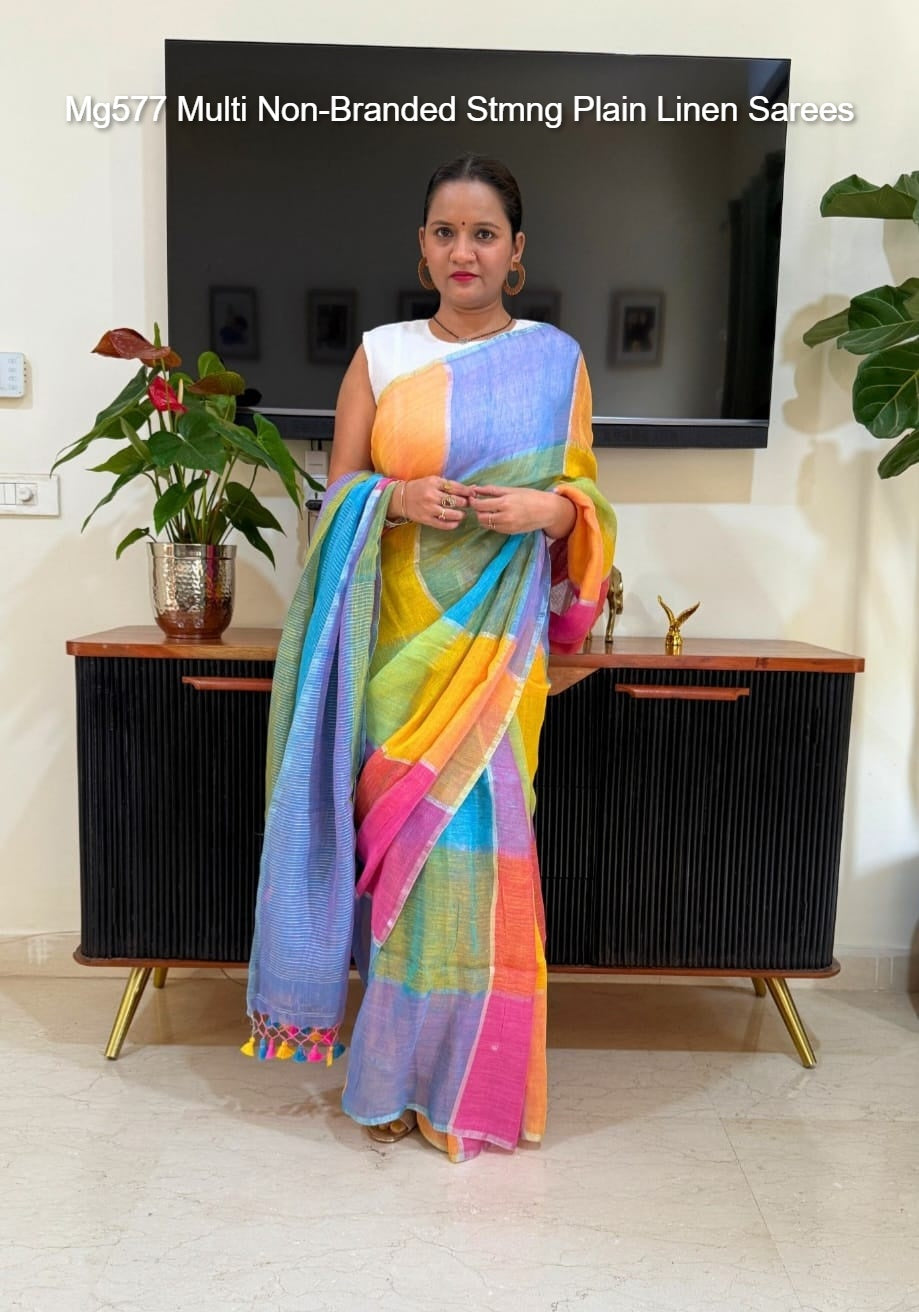 Mg577 Multi Non-Branded Stmng Plain Linen Sarees