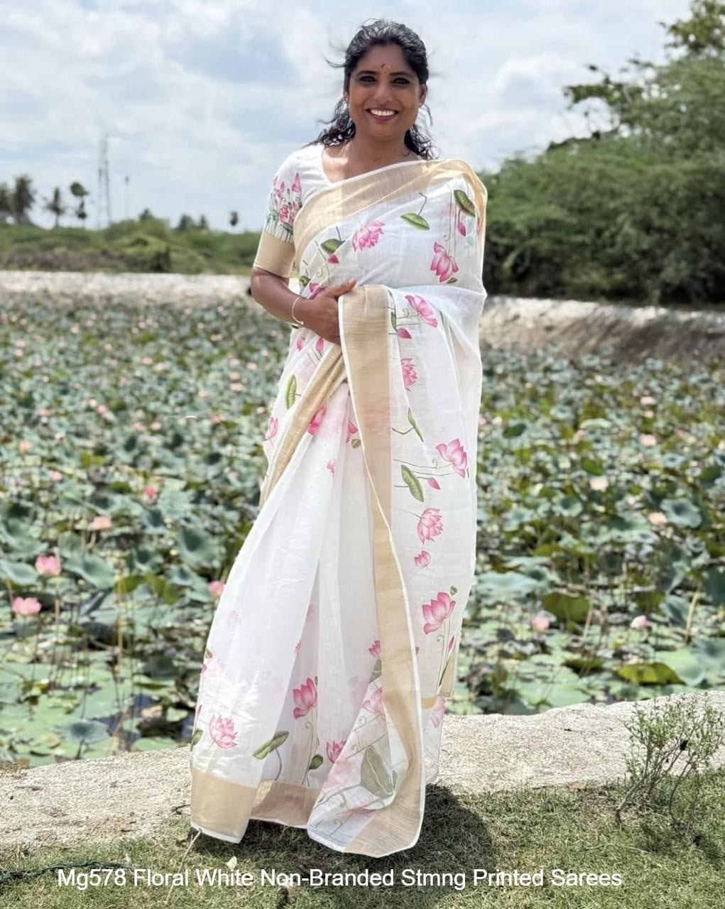Mg578 Floral White Non-Branded Stmng Printed Sarees