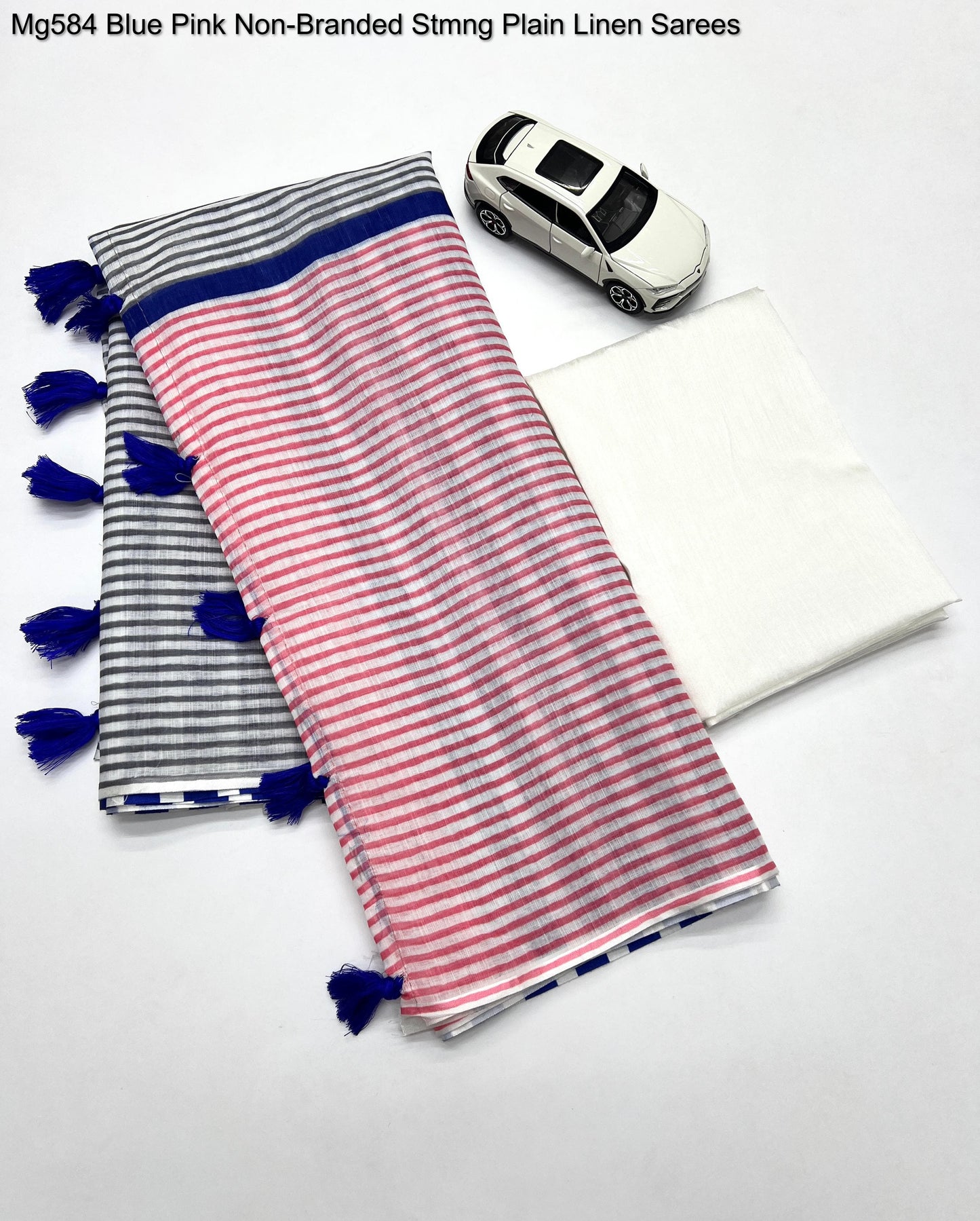 Mg584 Blue Pink Non-Branded Stmng Plain Linen Sarees