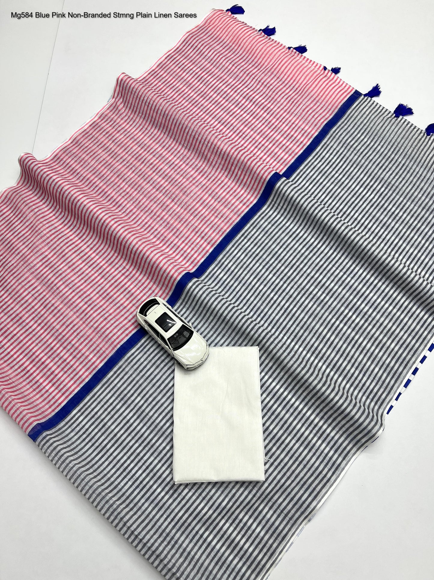 Mg584 Blue Pink Non-Branded Stmng Plain Linen Sarees