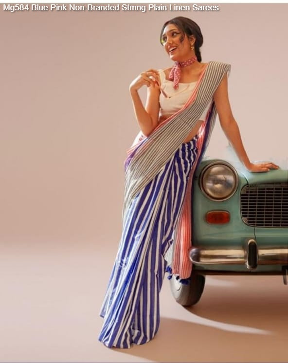 Mg584 Blue Pink Non-Branded Stmng Plain Linen Sarees