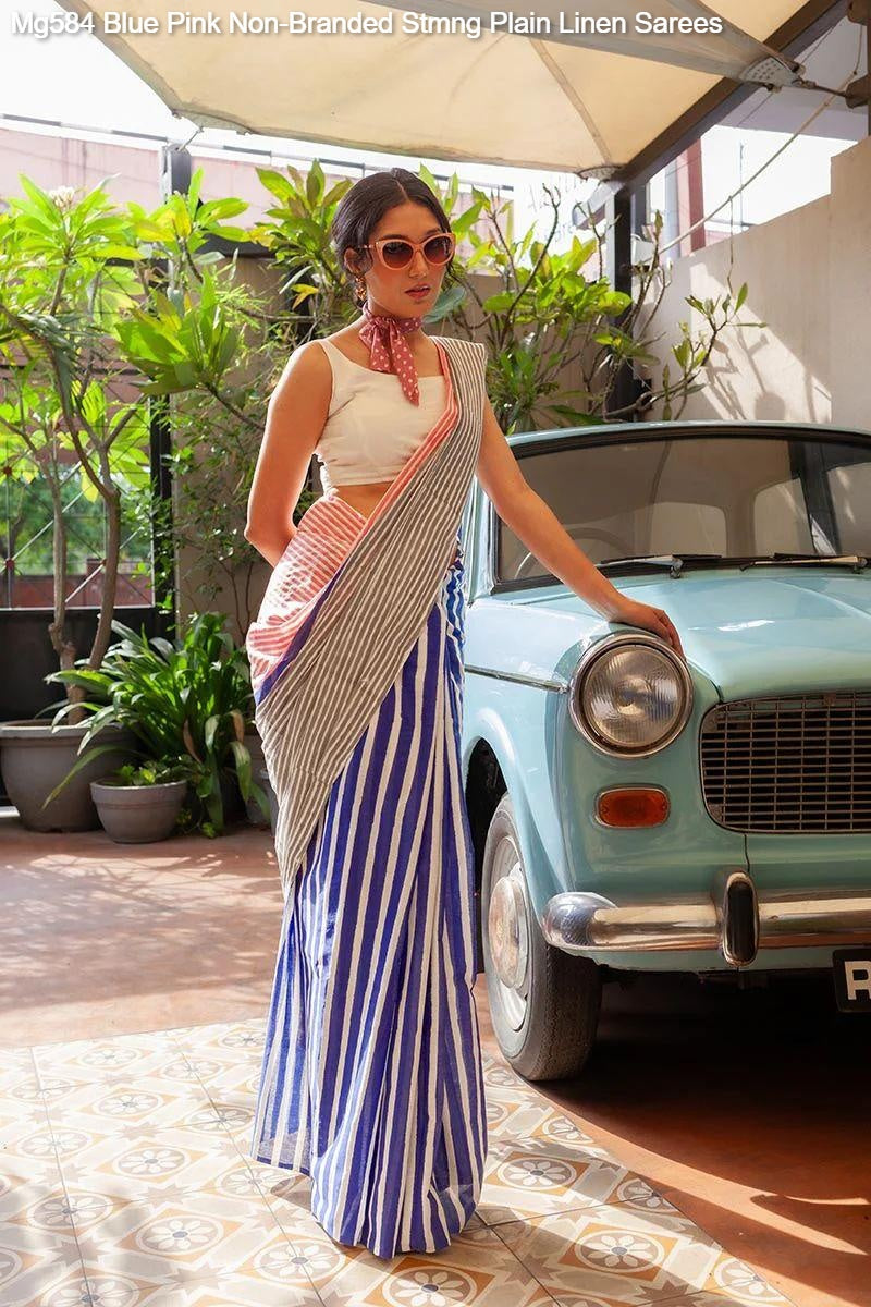 Mg584 Blue Pink Non-Branded Stmng Plain Linen Sarees