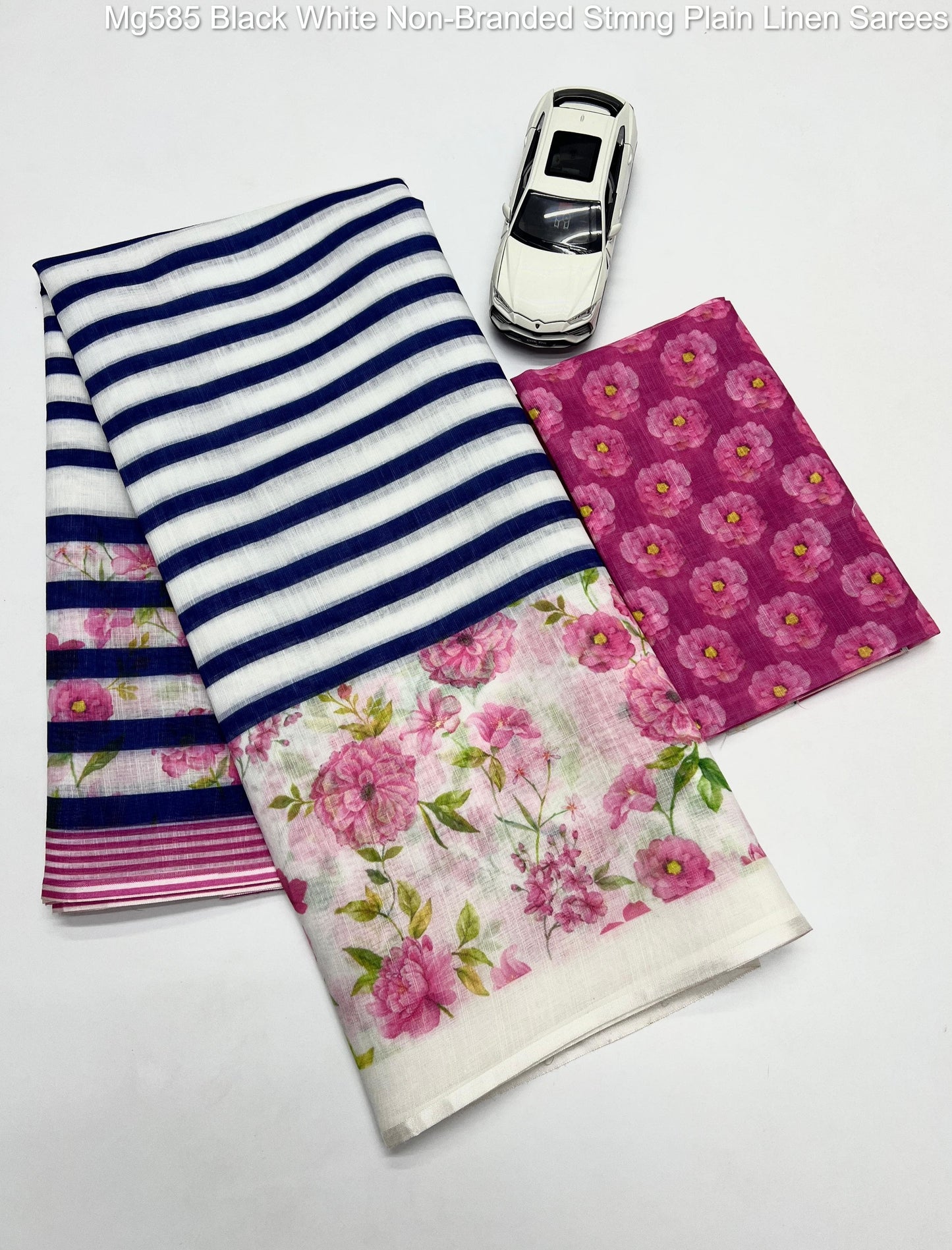 Mg585 Black White Non-Branded Stmng Plain Linen Sarees
