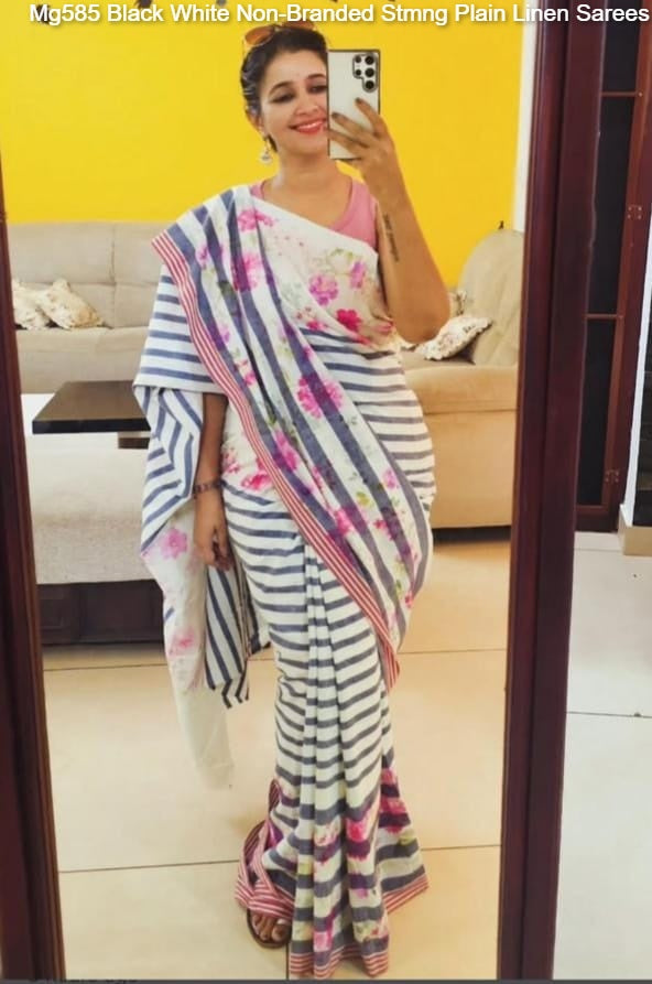 Mg585 Black White Non-Branded Stmng Plain Linen Sarees