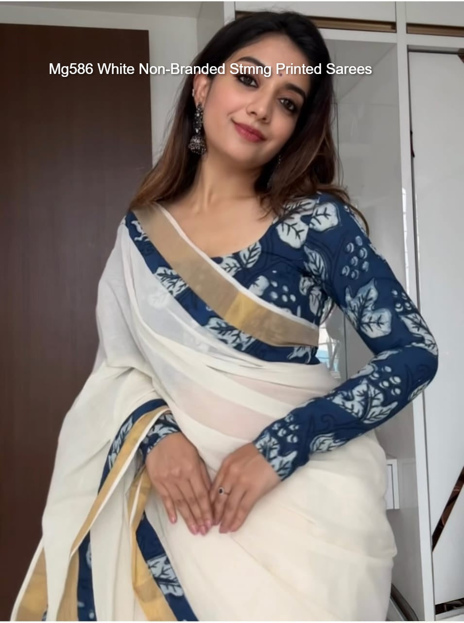 Mg586 White Non-Branded Stmng Printed Sarees