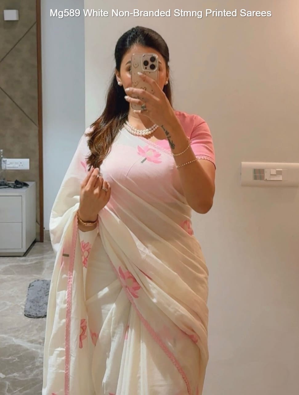 Mg589 White Non-Branded Stmng Printed Sarees