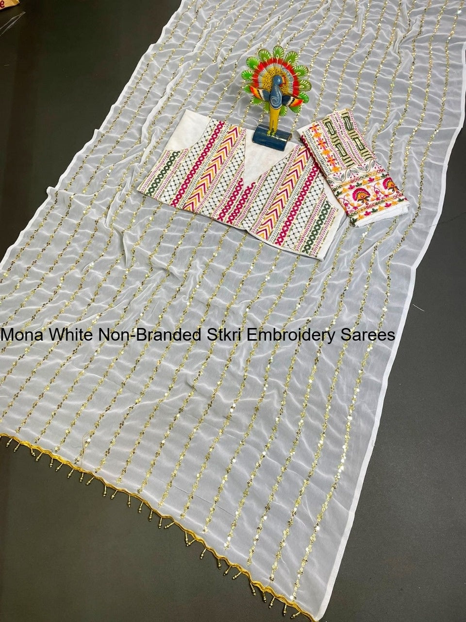 Mona White Non-Branded Stkri Embroidery Sarees