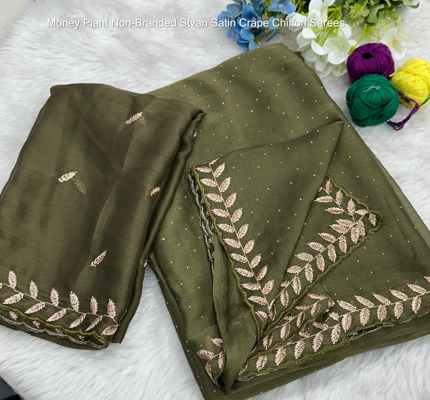 Money Plant Non-Branded Stvan Satin Crape Chiffon Sarees