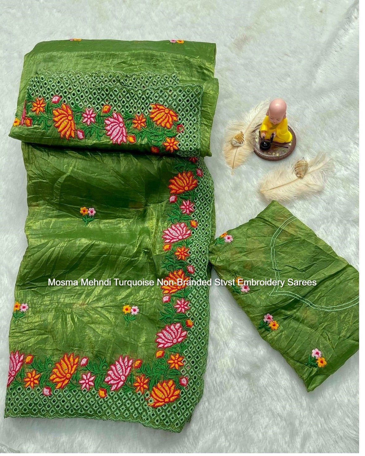 Mosma Mehndi Turquoise Non-Branded Stvst Embroidery Sarees