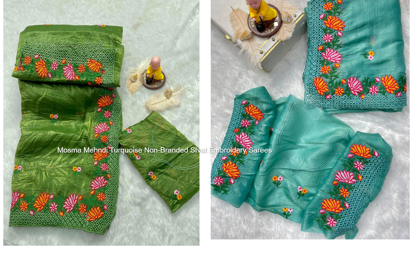 Mosma Mehndi Turquoise Non-Branded Stvst Embroidery Sarees