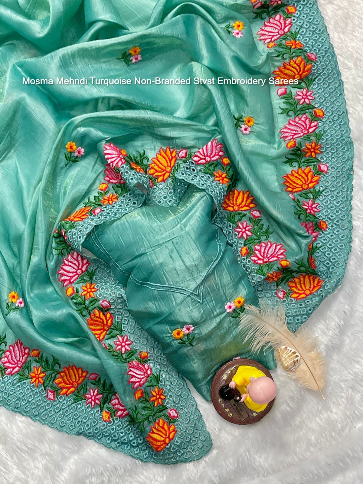Mosma Mehndi Turquoise Non-Branded Stvst Embroidery Sarees
