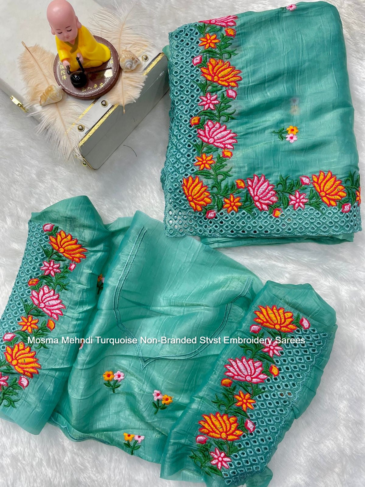 Mosma Mehndi Turquoise Non-Branded Stvst Embroidery Sarees