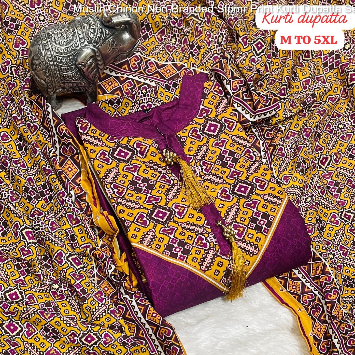 Muslin Chinon Non-Branded Stpmr Print Kurti Dupatta Set