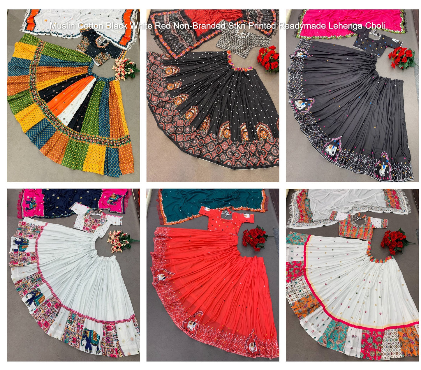 Muslin Cotton Black White Red Non-Branded Stkri Printed Readymade Lehenga Choli