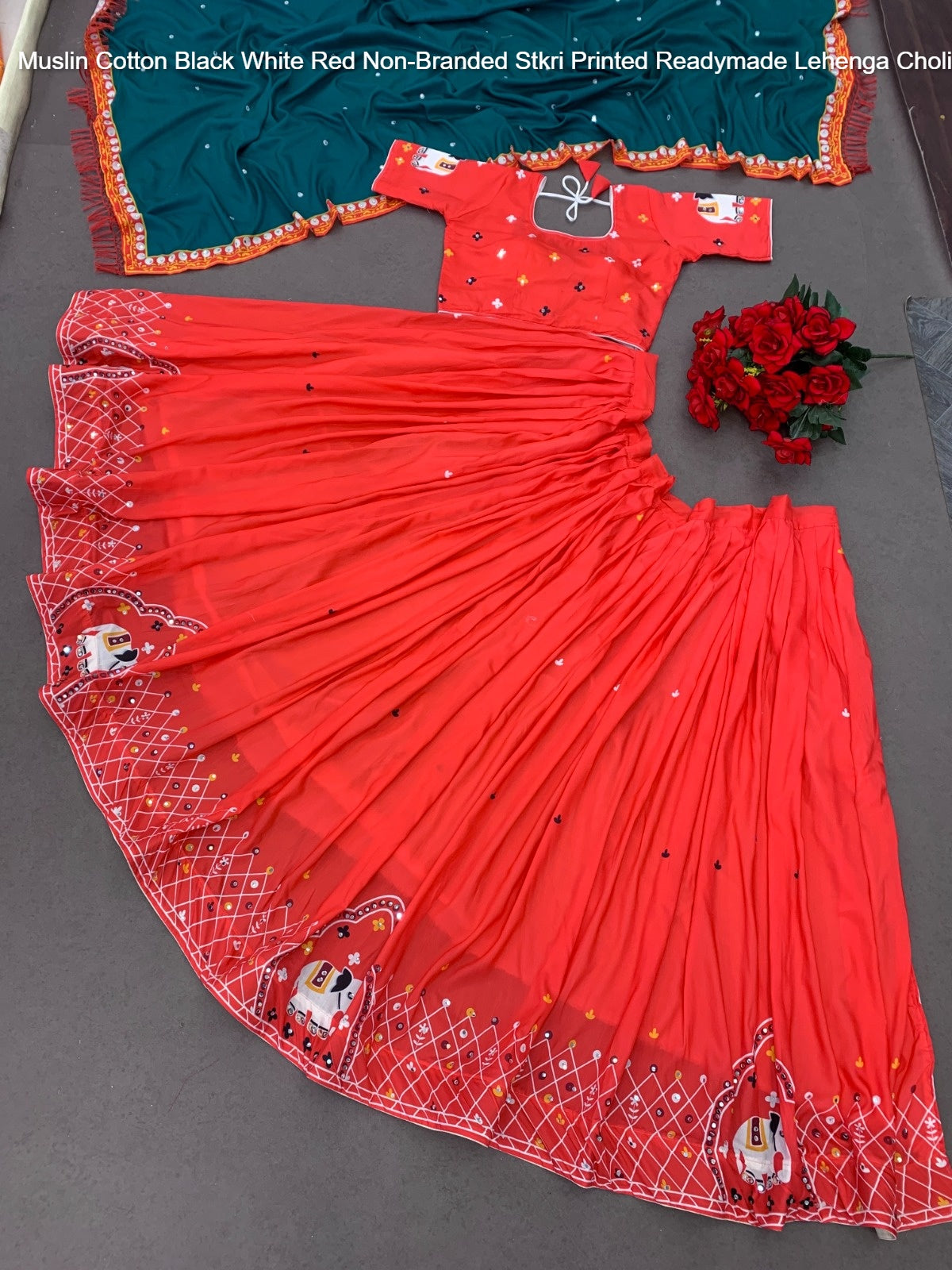Muslin Cotton Black White Red Non-Branded Stkri Printed Readymade Lehenga Choli