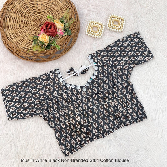 Muslin White Black Non-Branded Stkri Cotton Blouse