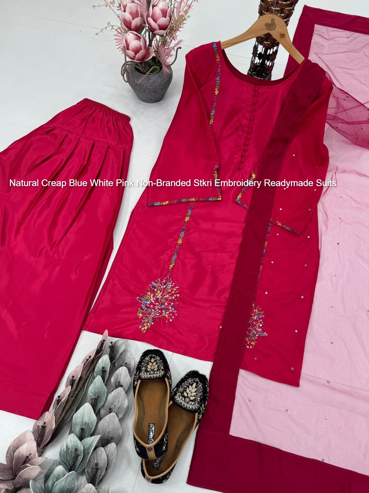 Natural Creap Blue White Pink Non-Branded Stkri Embroidery Readymade Suits