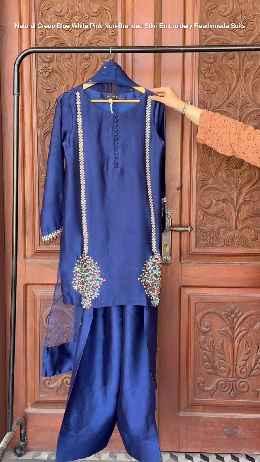 Natural Creap Blue White Pink Non-Branded Stkri Embroidery Readymade Suits