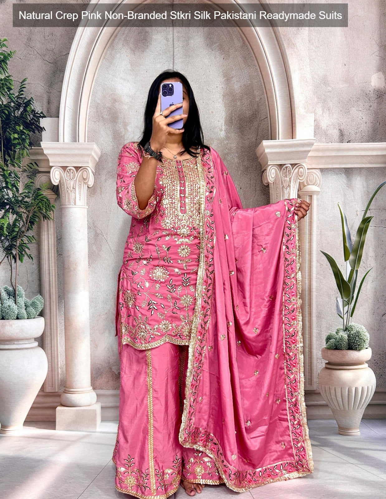 Natural Crep Pink Non-Branded Stkri Silk Pakistani Readymade Suits