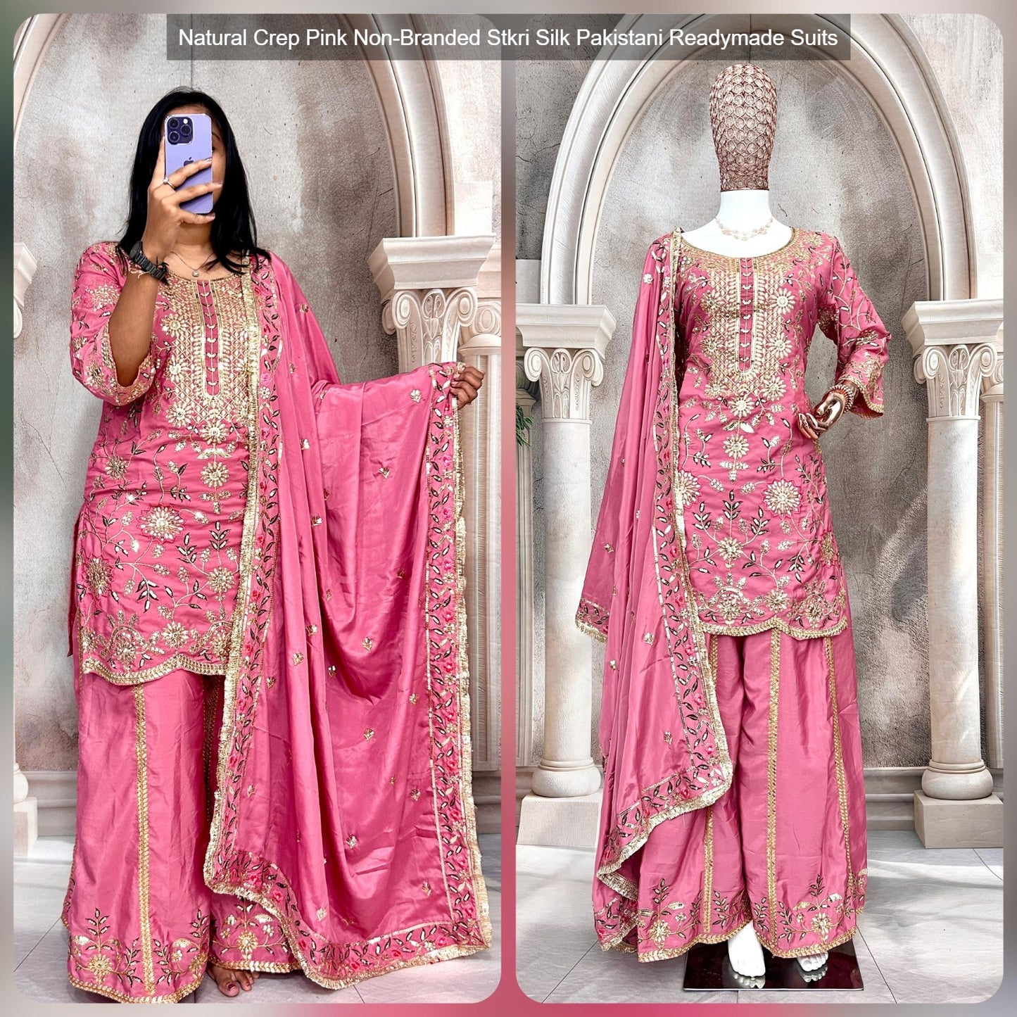 Natural Crep Pink Non-Branded Stkri Silk Pakistani Readymade Suits