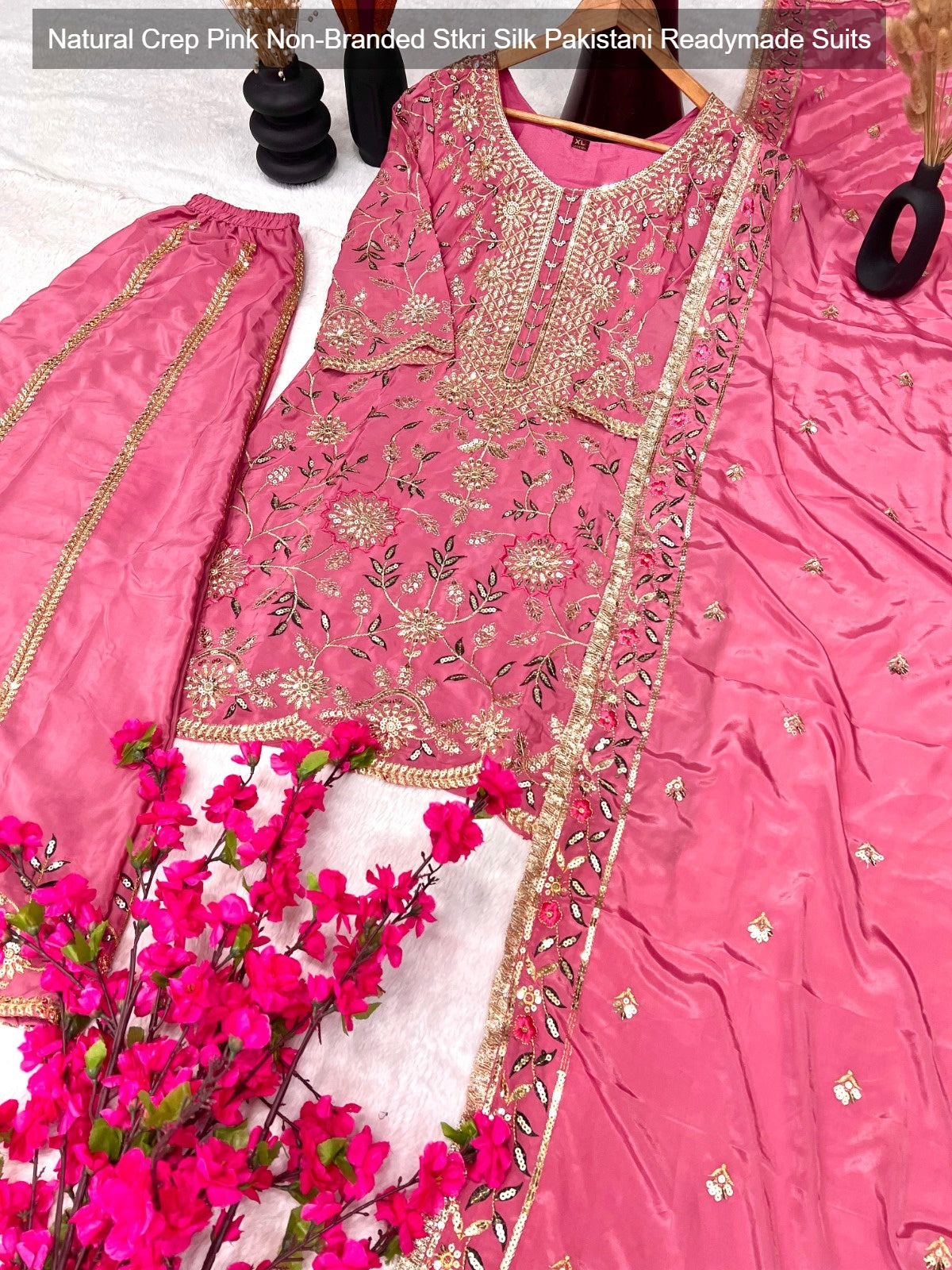 Natural Crep Pink Non-Branded Stkri Silk Pakistani Readymade Suits