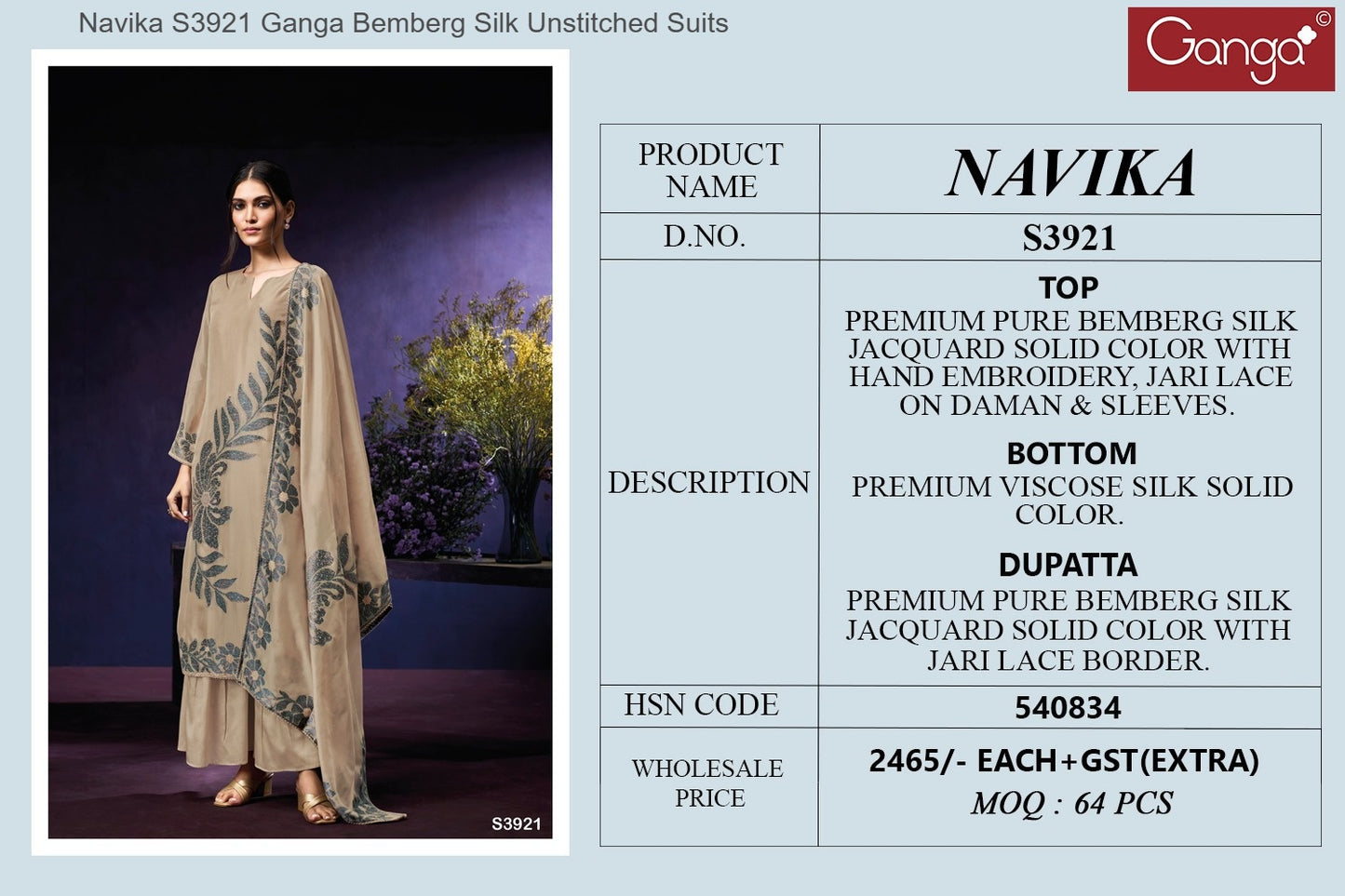 Navika S3921 Ganga Bemberg Silk Unstitched Suits